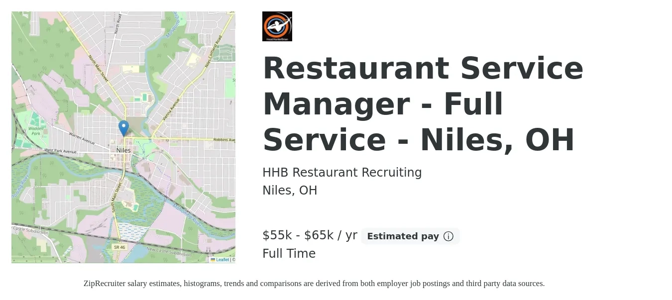 HHB Restaurant Recruiting job posting for a Restaurant Service Manager - Full Service - Niles, OH in Niles, OH with a salary of $55,000 to $65,000 Yearly with a map of Niles location.