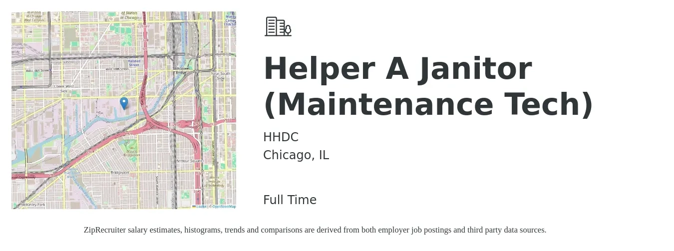 HHDC job posting for a Helper A Janitor (Maintenance Tech) in Chicago, IL with a salary of $15 to $19 Hourly with a map of Chicago location.