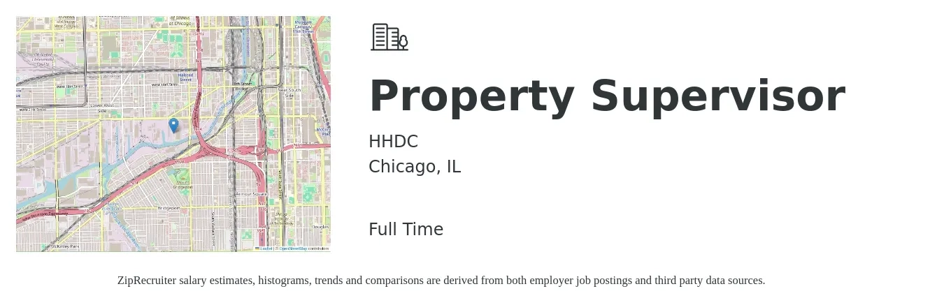 HHDC job posting for a Property Supervisor in Chicago, IL with a salary of $51,500 to $85,500 Yearly with a map of Chicago location.