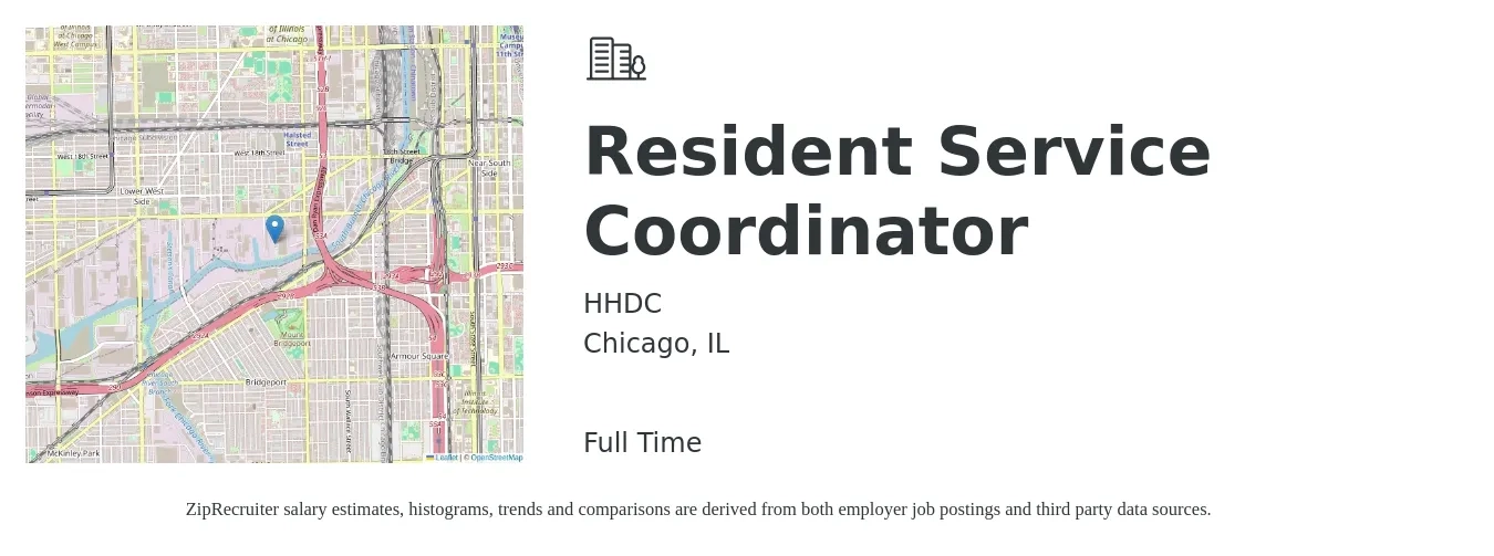 HHDC job posting for a Resident Service Coordinator in Chicago, IL with a salary of $20 to $26 Hourly with a map of Chicago location.