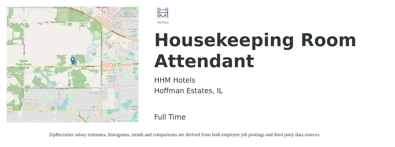 HHM Hotels job posting for a Housekeeping Room Attendant in Hoffman Estates, IL with a salary of $14 to $16 Hourly with a map of Hoffman Estates location.