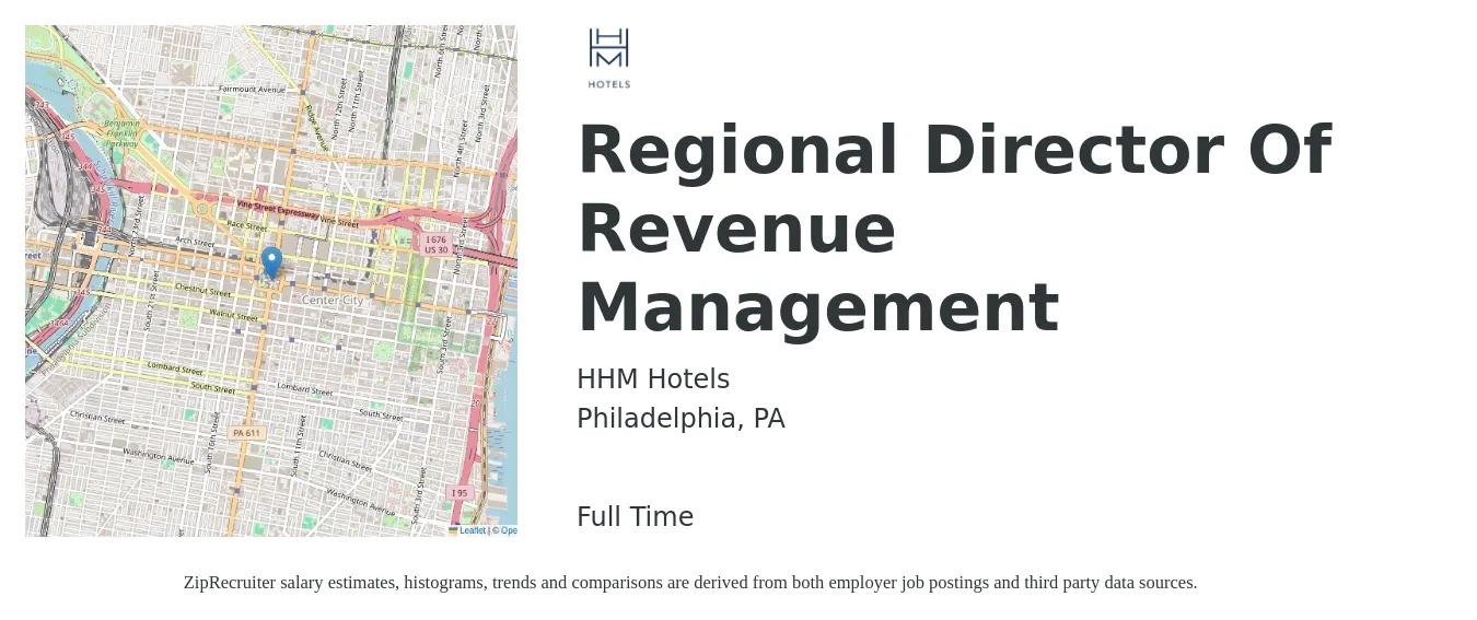 HHM Hotels job posting for a Regional Director Of Revenue Management in Philadelphia, PA with a salary of $95,400 to $141,300 Yearly with a map of Philadelphia location.