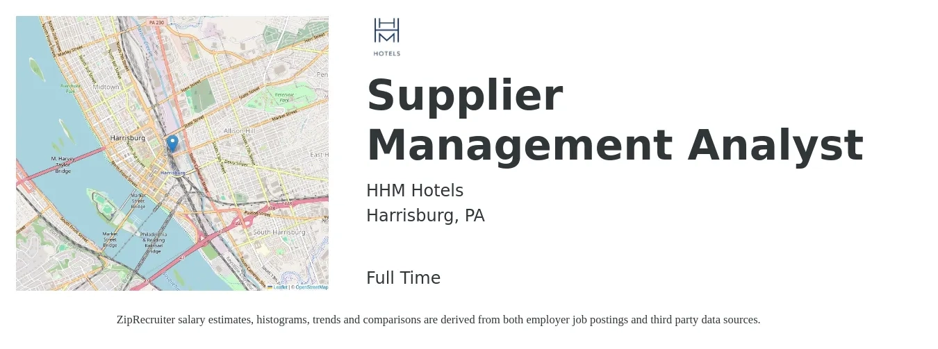 HHM Hotels job posting for a Supplier Management Analyst in Harrisburg, PA with a salary of $64,700 to $103,200 Yearly with a map of Harrisburg location.