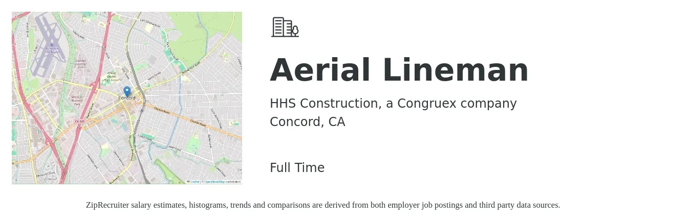 HHS Construction, a Congruex company job posting for a Aerial Lineman in Concord, CA with a salary of $23 to $32 Hourly with a map of Concord location.