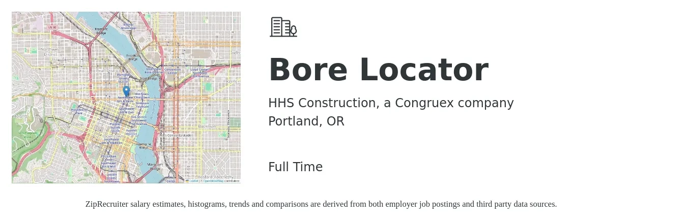 HHS Construction, a Congruex company job posting for a Bore Locator in Portland, OR with a salary of $25 to $37 Hourly with a map of Portland location.