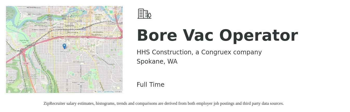 HHS Construction, a Congruex company job posting for a Bore Vac Operator in Spokane, WA with a salary of $20 to $28 Hourly with a map of Spokane location.