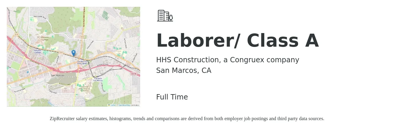 HHS Construction, a Congruex company job posting for a Laborer/ Class A in San Marcos, CA with a salary of $19 to $25 Hourly with a map of San Marcos location.