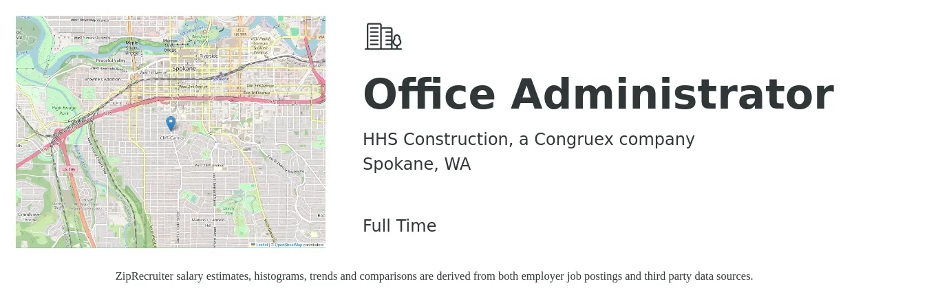 HHS Construction, a Congruex company job posting for a Office Administrator in Spokane, WA with a salary of $18 to $25 Hourly with a map of Spokane location.