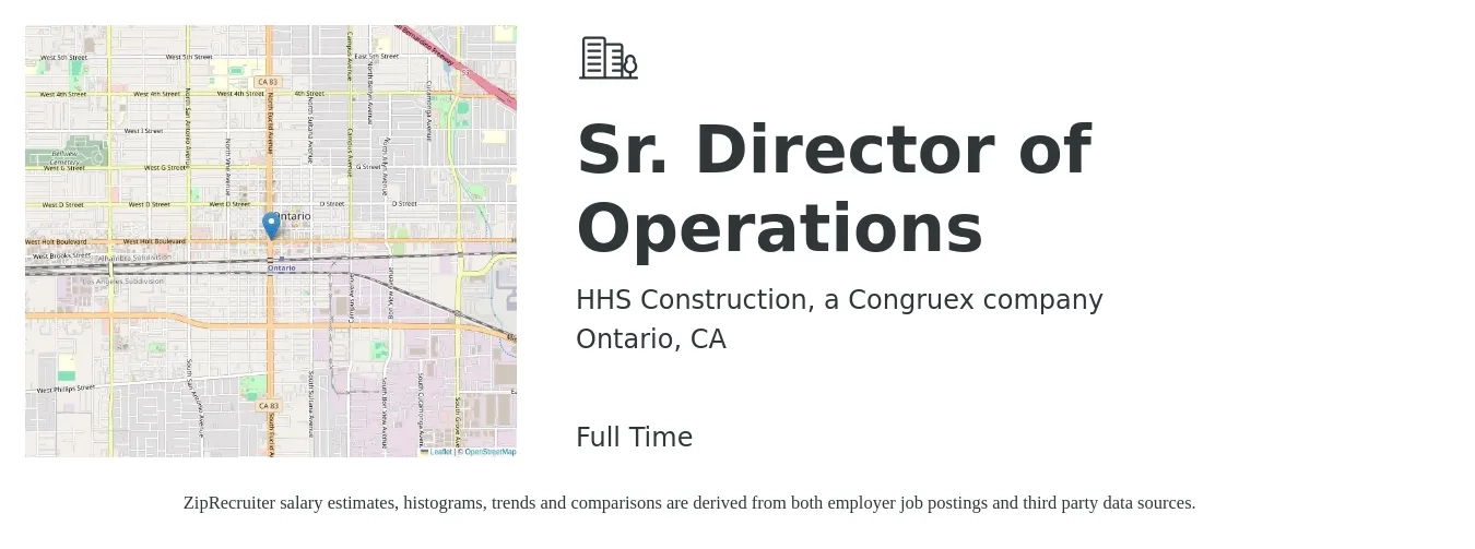 HHS Construction, a Congruex company job posting for a Sr. Director of Operations in Ontario, CA with a salary of $75,800 to $136,000 Yearly with a map of Ontario location.
