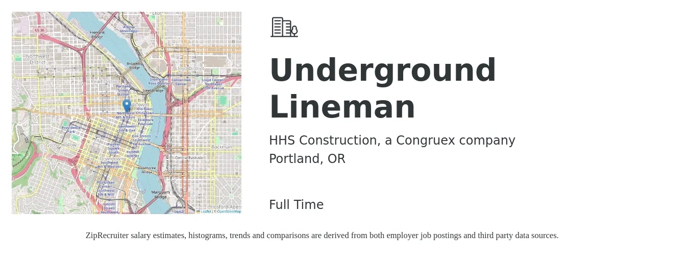 HHS Construction, a Congruex company job posting for a Underground Lineman in Portland, OR with a salary of $31 to $58 Hourly with a map of Portland location.