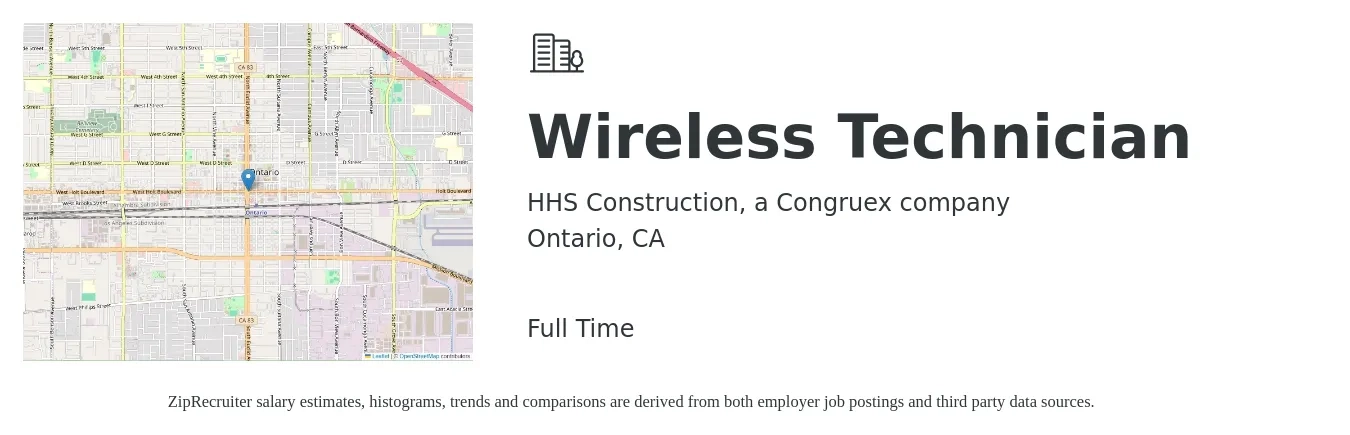 HHS Construction, a Congruex company job posting for a Wireless Technician in Ontario, CA with a salary of $20 to $24 Hourly with a map of Ontario location.