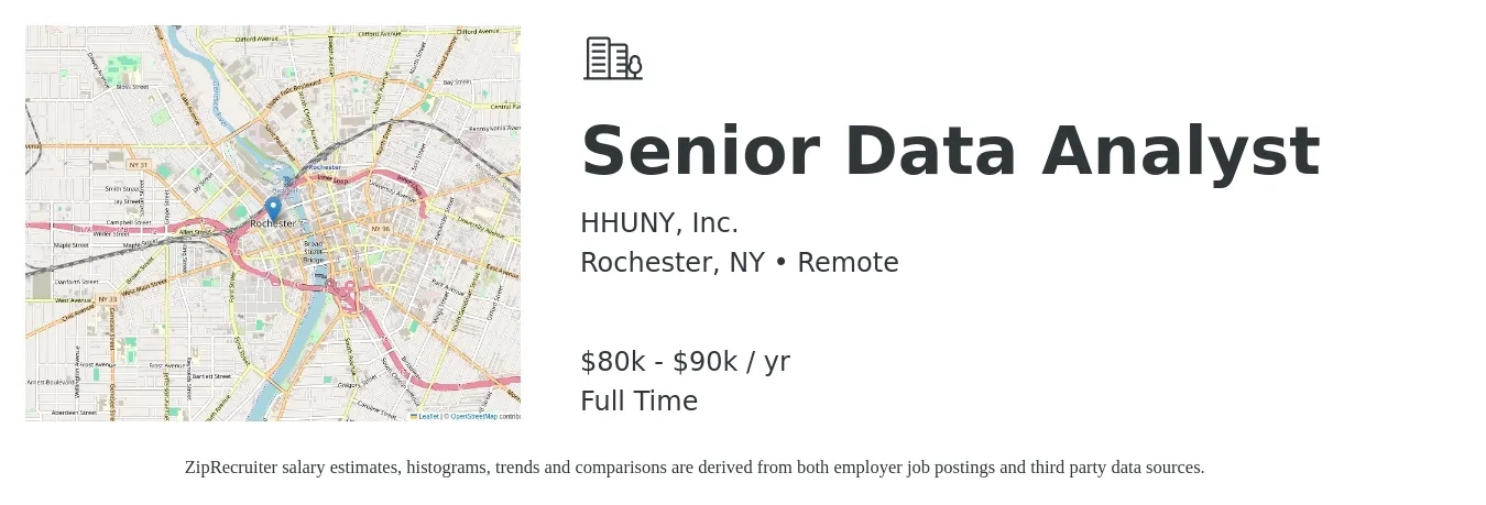 HHUNY, Inc. job posting for a Senior Data Analyst in Rochester, NY with a salary of $80,000 to $90,000 Yearly with a map of Rochester location.