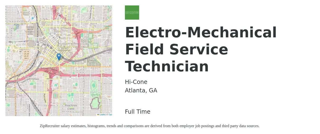 Hi-Cone job posting for a Electro-Mechanical Field Service Technician in Atlanta, GA with a salary of $19 to $28 Hourly with a map of Atlanta location.