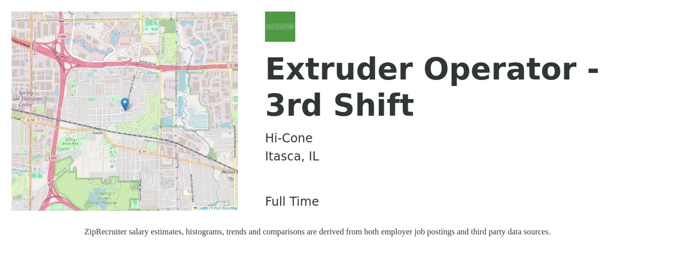 Hi-Cone job posting for a Extruder Operator - 3rd Shift in Itasca, IL with a salary of $16 to $20 Hourly with a map of Itasca location.