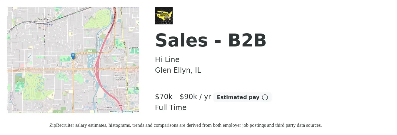 Hi-Line job posting for a Sales - B2B in Glen Ellyn, IL with a salary of $70,000 to $90,000 Yearly with a map of Glen Ellyn location.