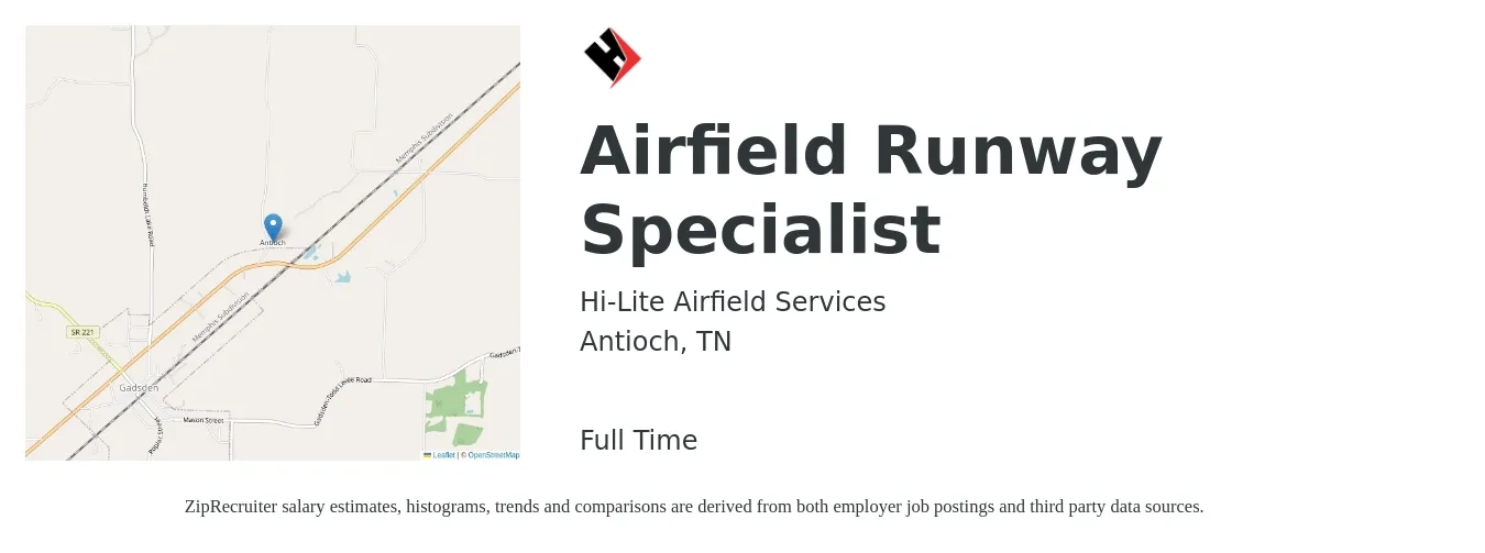Hi-Lite Airfield Services job posting for a Airfield Runway Specialist in Antioch, TN with a salary of $20 Hourly with a map of Antioch location.