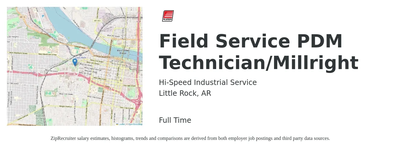 Hi-Speed Industrial Service job posting for a Field Service PDM Technician/Millright in Little Rock, AR with a salary of $18 to $26 Hourly with a map of Little Rock location.