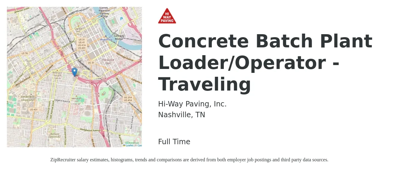 Hi-Way Paving, Inc. job posting for a Concrete Batch Plant Loader/Operator - Traveling in Nashville, TN with a salary of $23 to $30 Hourly with a map of Nashville location.