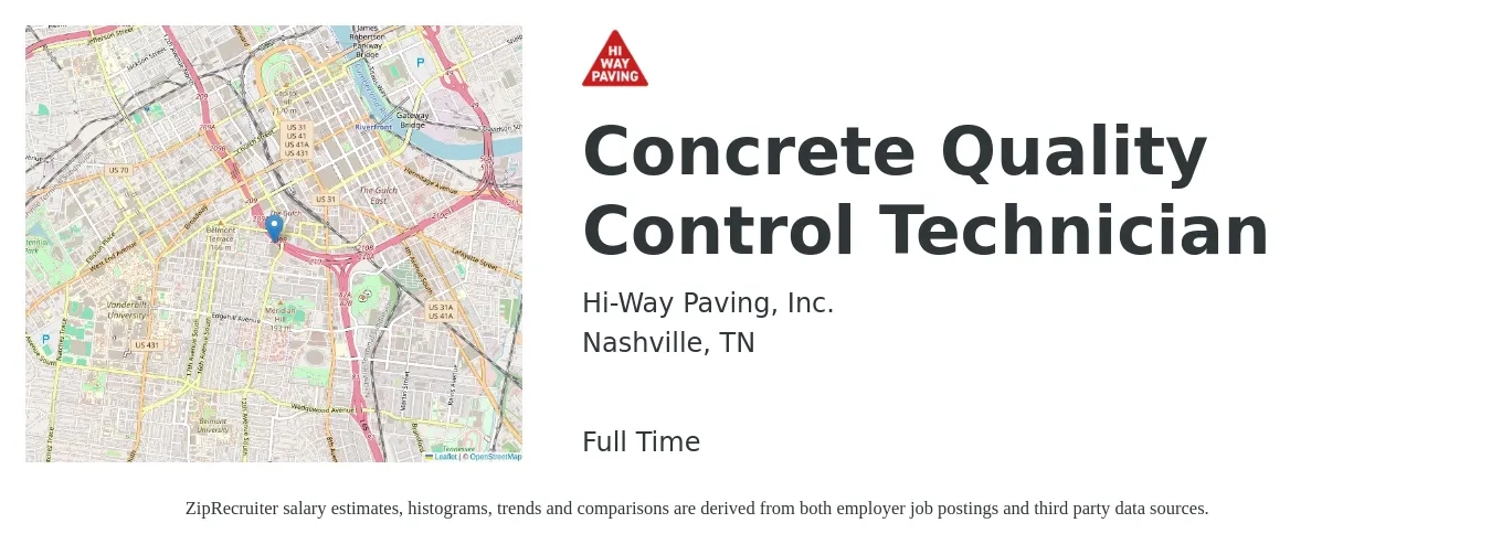 Hi-Way Paving, Inc. job posting for a Concrete Quality Control Technician in Nashville, TN with a salary of $17 to $22 Hourly with a map of Nashville location.