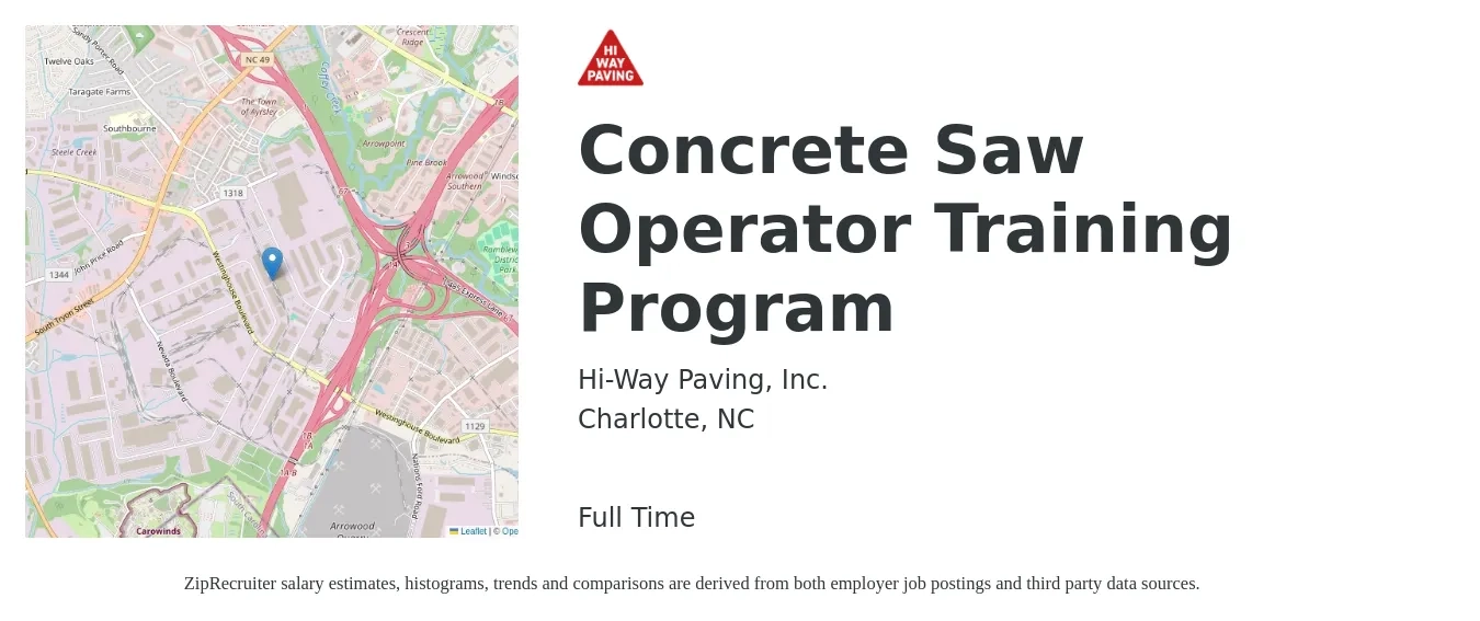 Hi-Way Paving, Inc. job posting for a Concrete Saw Operator Training Program in Charlotte, NC with a salary of $17 to $20 Hourly with a map of Charlotte location.