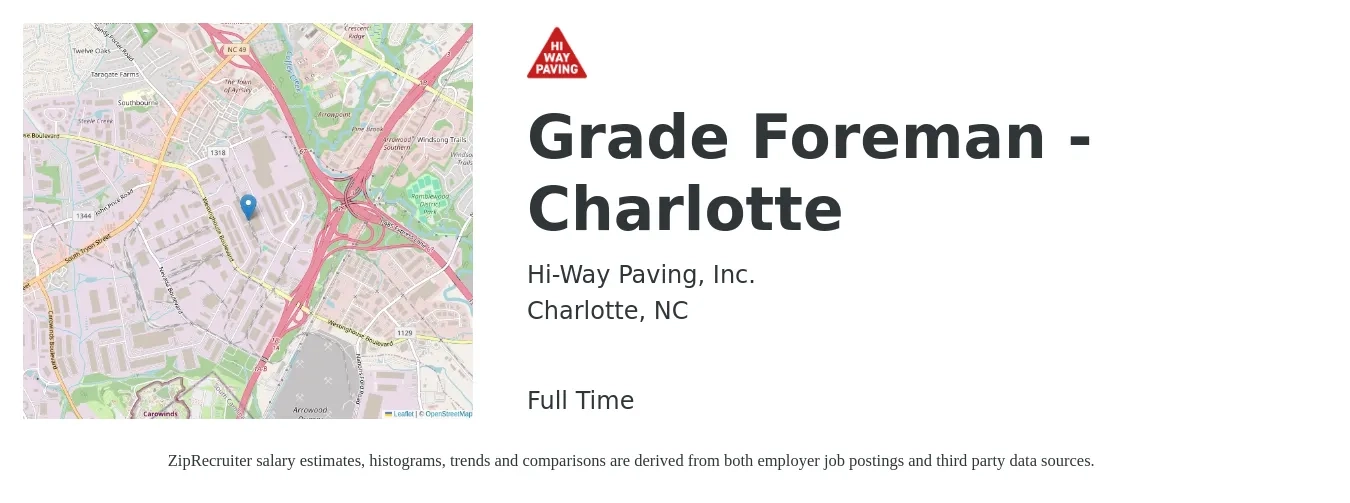 Hi-Way Paving, Inc. job posting for a Grade Foreman - Charlotte in Charlotte, NC with a salary of $24 to $34 Hourly with a map of Charlotte location.