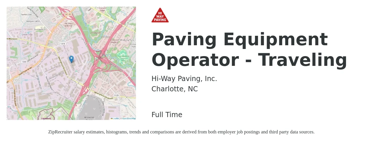 Hi-Way Paving, Inc. job posting for a Paving Equipment Operator - Traveling in Charlotte, NC with a salary of $20 to $28 Hourly with a map of Charlotte location.