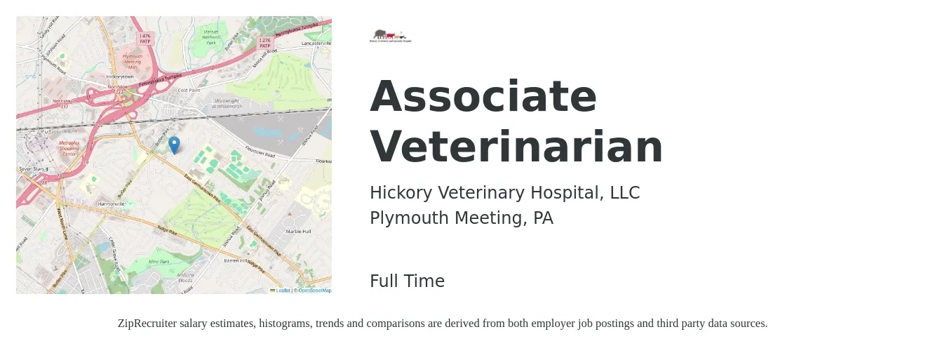 Hickory Veterinary Hospital, LLC job posting for a Associate Veterinarian in Plymouth Meeting, PA with a salary of $101,100 to $163,200 Yearly with a map of Plymouth Meeting location.