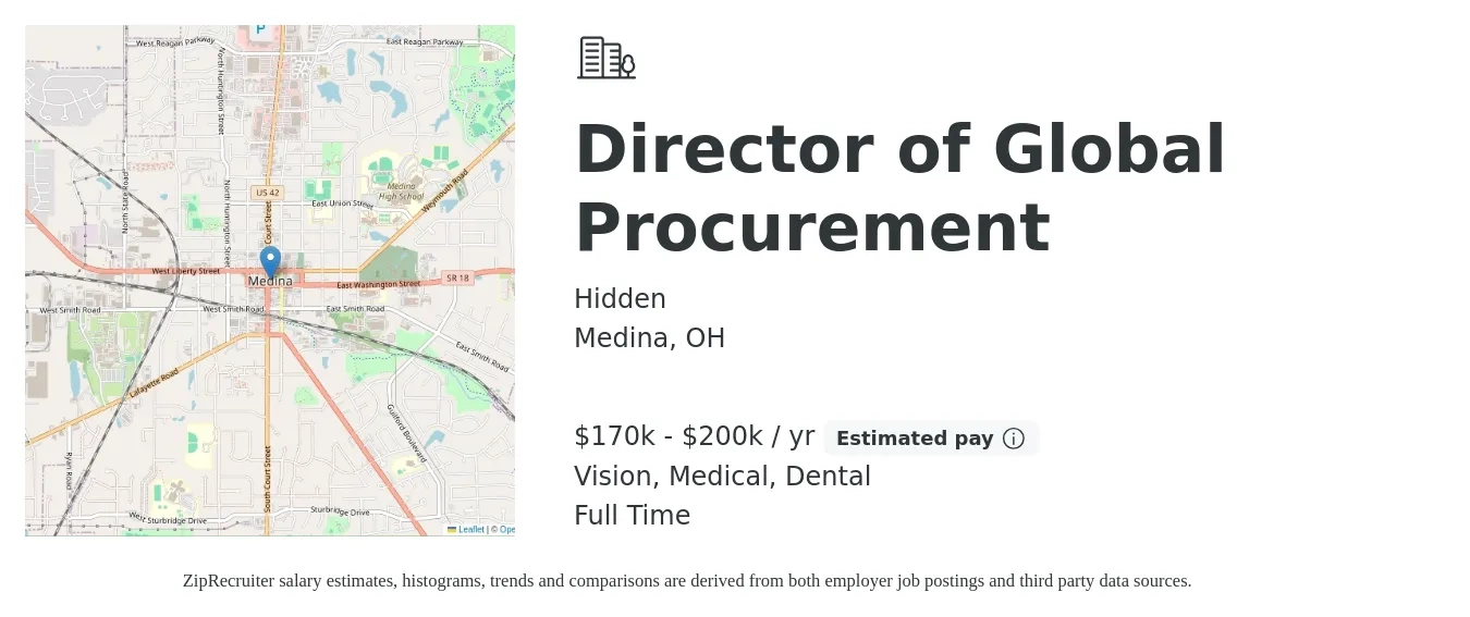 Hidden job posting for a Director of Global Procurement in Medina, OH with a salary of $170,000 to $200,000 Yearly and benefits including medical, retirement, vision, dental, and life_insurance with a map of Medina location.