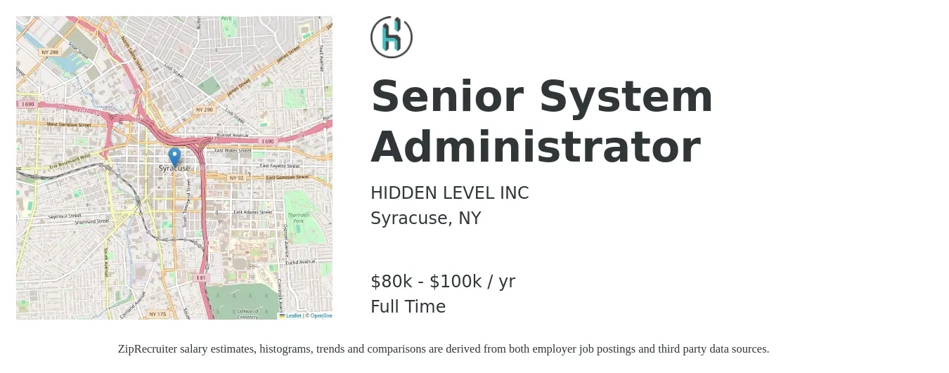 HIDDEN LEVEL INC job posting for a Senior System Administrator in Syracuse, NY with a salary of $80,000 to $100,000 Yearly with a map of Syracuse location.