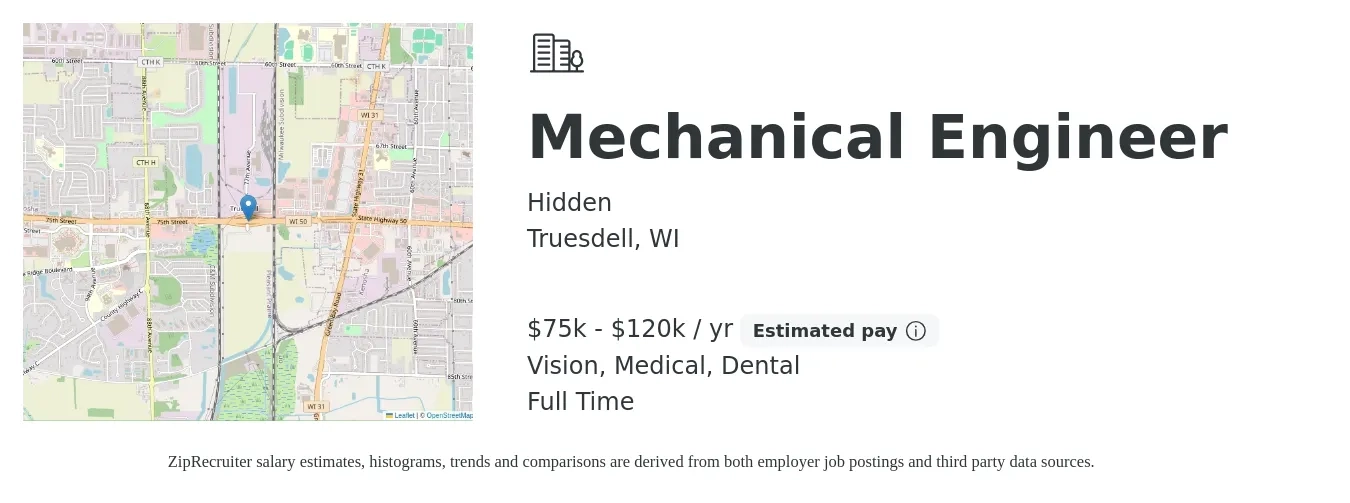 Hidden job posting for a Mechanical Engineer in Truesdell, WI with a salary of $75,000 to $120,000 Yearly and benefits including retirement, vision, dental, life_insurance, and medical with a map of Truesdell location.