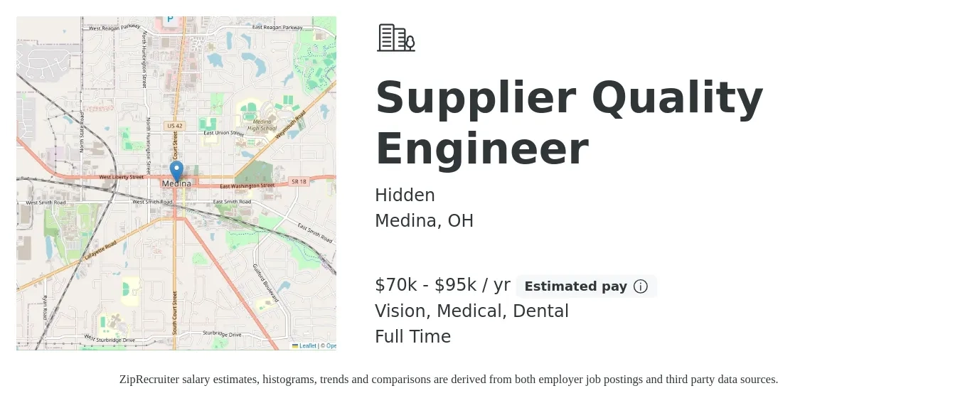 Hidden job posting for a Supplier Quality Engineer in Medina, OH with a salary of $70,000 to $95,000 Yearly and benefits including medical, pto, retirement, vision, dental, and life_insurance with a map of Medina location.