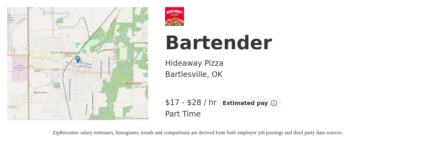 Hideaway Pizza job posting for a Bartender in Bartlesville, OK with a salary of $18 to $30 Hourly with a map of Bartlesville location.