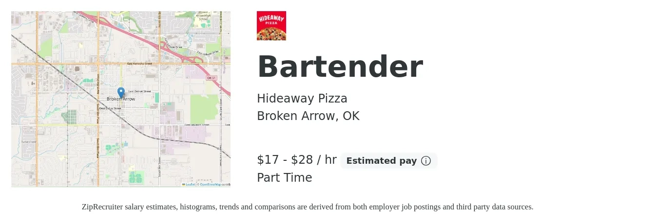 Hideaway Pizza job posting for a Bartender in Broken Arrow, OK with a salary of $18 to $30 Hourly with a map of Broken Arrow location.