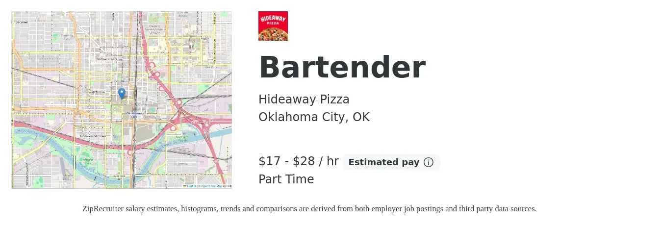 Hideaway Pizza job posting for a Bartender in Oklahoma City, OK with a salary of $18 to $30 Hourly with a map of Oklahoma City location.