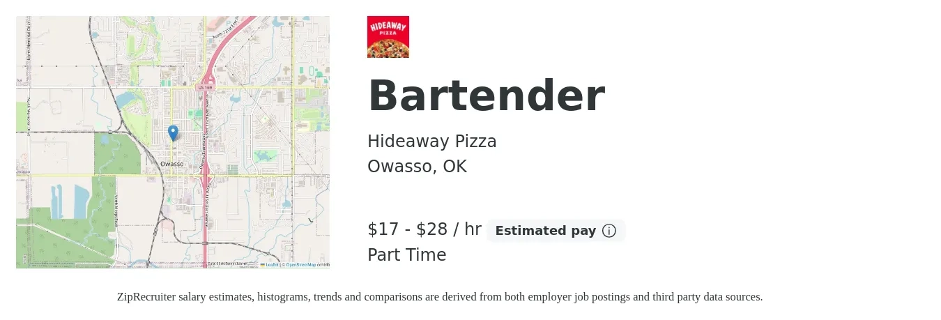 Hideaway Pizza job posting for a Bartender in Owasso, OK with a salary of $18 to $30 Hourly with a map of Owasso location.