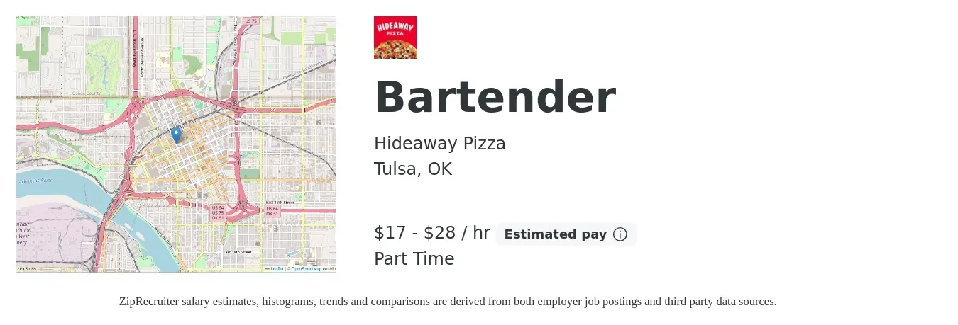 Hideaway Pizza job posting for a Bartender in Tulsa, OK with a salary of $18 to $30 Hourly with a map of Tulsa location.