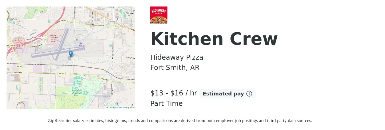 Hideaway Pizza job posting for a Kitchen Crew in Fort Smith, AR with a salary of $14 to $17 Hourly with a map of Fort Smith location.