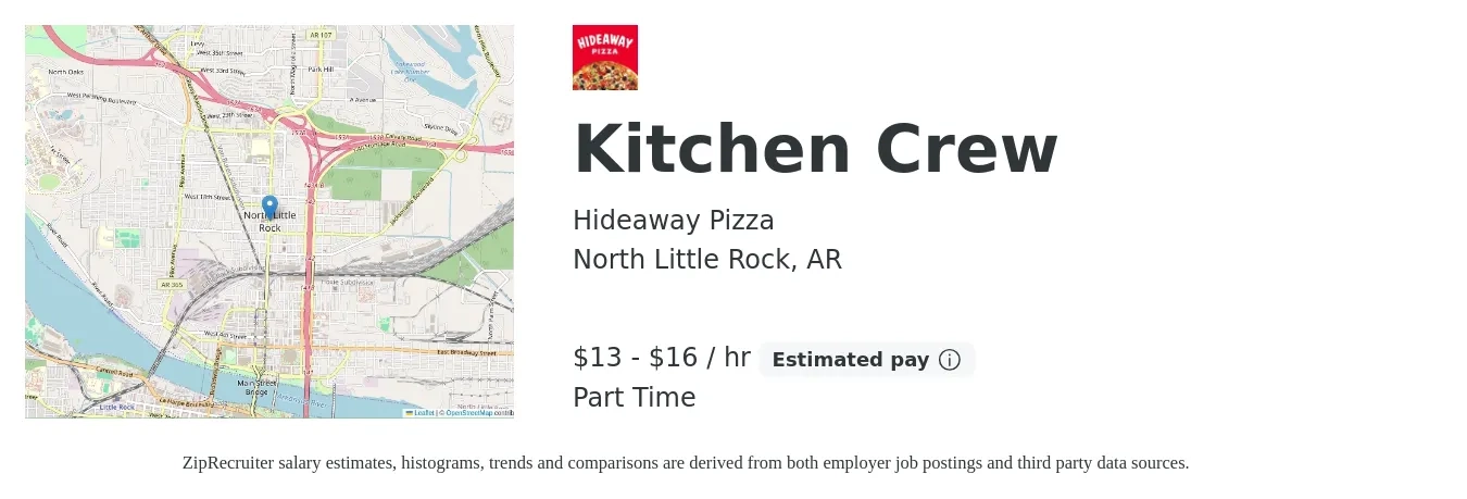 Hideaway Pizza job posting for a Kitchen Crew in North Little Rock, AR with a salary of $14 to $17 Hourly with a map of North Little Rock location.