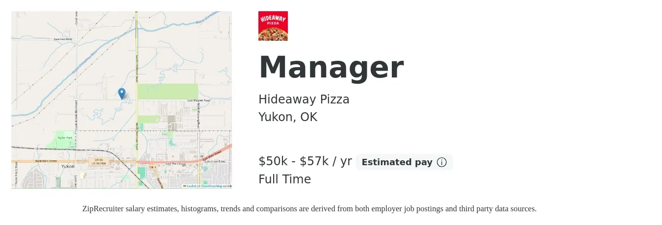 Hideaway Pizza job posting for a Manager in Yukon, OK with a salary of $50,000 to $57,000 Yearly with a map of Yukon location.