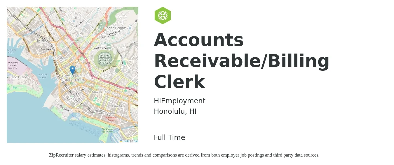 HiEmployment job posting for a Accounts Receivable/Billing Clerk in Honolulu, HI with a salary of $41,000 to $50,000 Monthly with a map of Honolulu location.