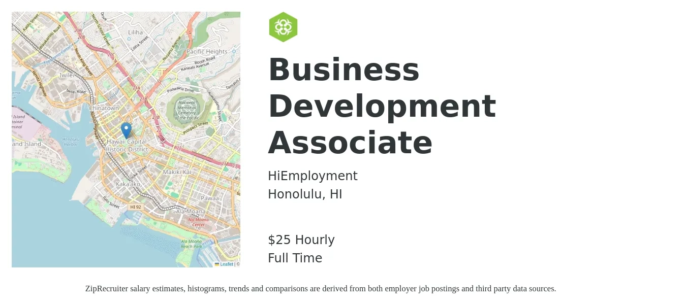 HiEmployment job posting for a Business Development Associate in Honolulu, HI with a salary of $27 Hourly with a map of Honolulu location.