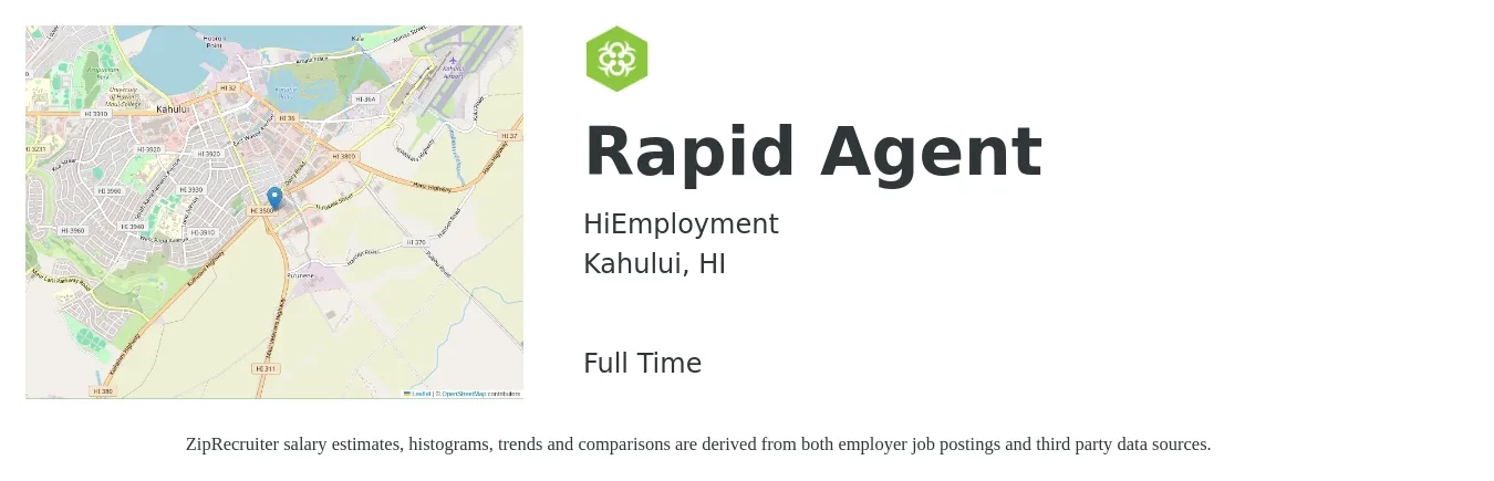 HiEmployment job posting for a Rapid Agent in Kahului, HI with a map of Kahului location.
