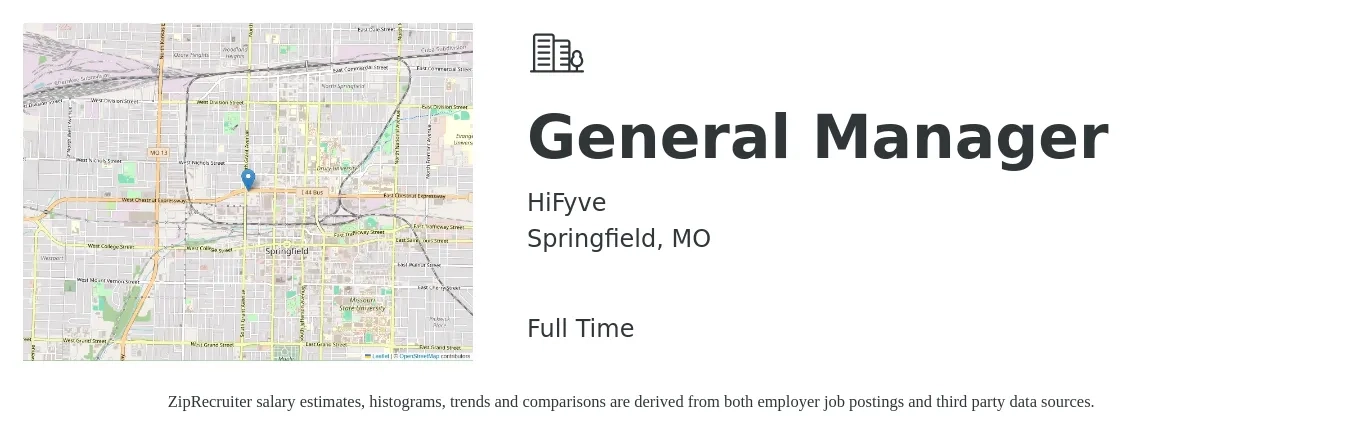 HiFyve job posting for a General Manager in Springfield, MO with a salary of $41,700 to $62,400 Yearly with a map of Springfield location.