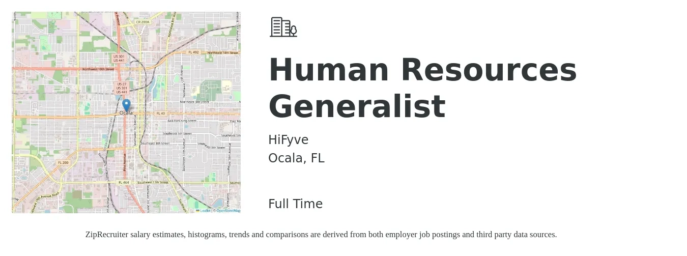HiFyve job posting for a Human Resources Generalist in Ocala, FL with a salary of $50,000 to $70,000 Yearly with a map of Ocala location.