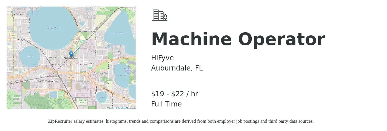 HiFyve job posting for a Machine Operator in Auburndale, FL with a salary of $20 to $23 Hourly with a map of Auburndale location.