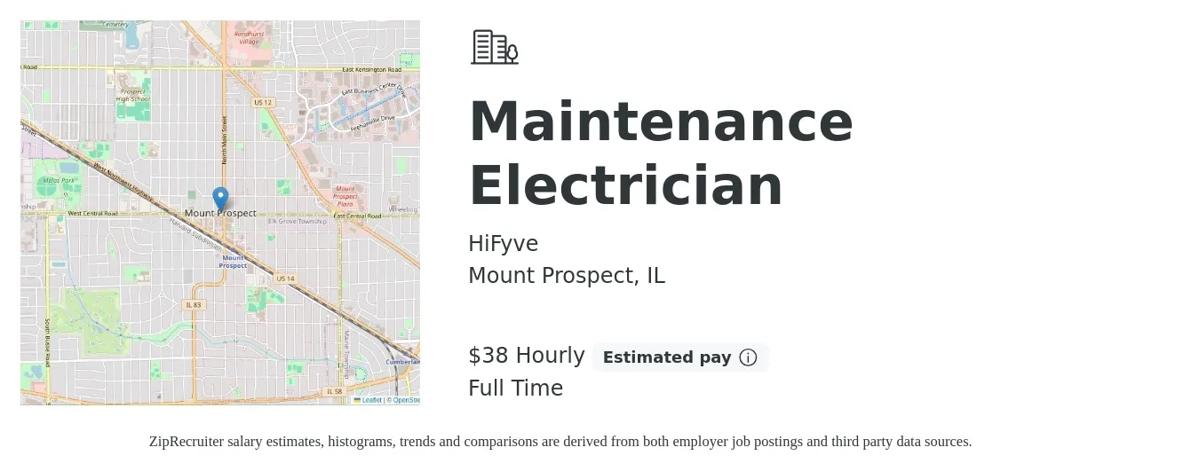 HiFyve job posting for a Maintenance Electrician in Mount Prospect, IL with a salary of $40 Hourly with a map of Mount Prospect location.