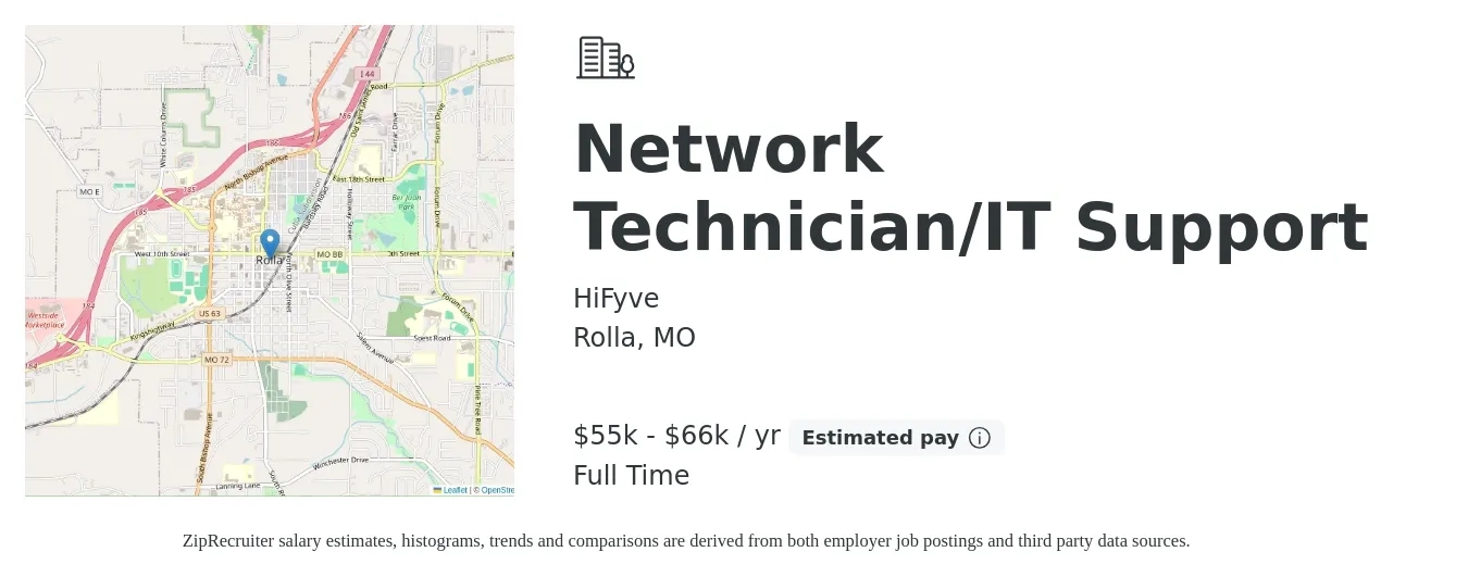 HiFyve job posting for a Network Technician/IT Support in Rolla, MO with a salary of $55,000 to $66,000 Yearly with a map of Rolla location.