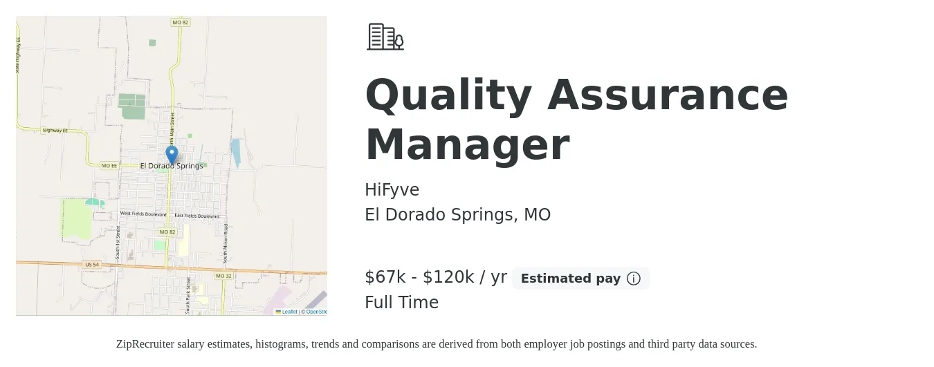 HiFyve job posting for a Quality Assurance Manager in El Dorado Springs, MO with a salary of $67,000 to $120,000 Yearly with a map of El Dorado Springs location.
