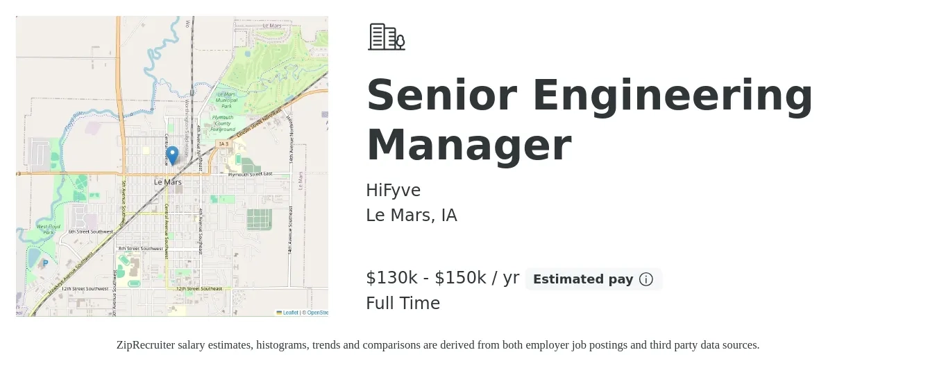 HiFyve job posting for a Senior Engineering Manager in Le Mars, IA with a salary of $130,000 to $150,000 Yearly with a map of Le Mars location.