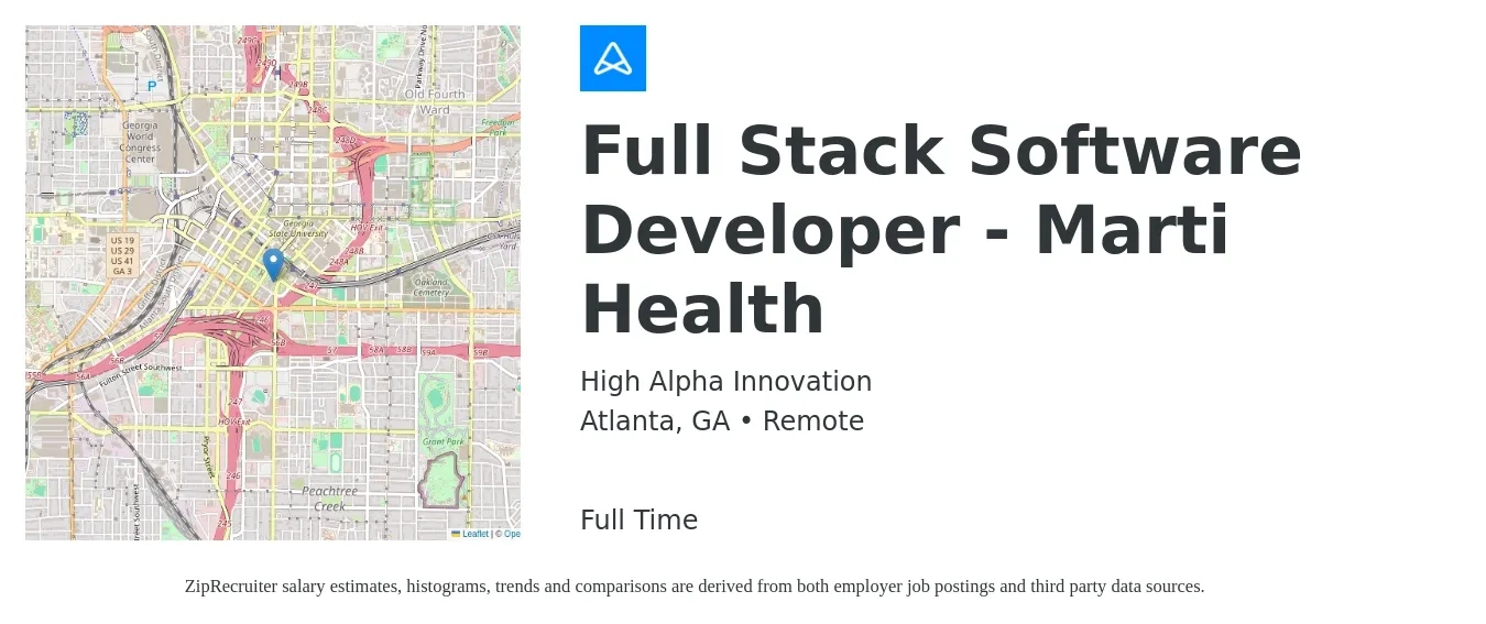 High Alpha Innovation job posting for a Full Stack Software Developer - Marti Health in Atlanta, GA with a salary of $49 to $68 Hourly with a map of Atlanta location.